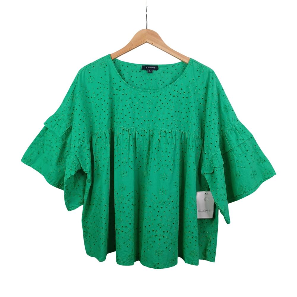 Calligraphie Anthropologie Kelly Green Boho Eyelet Top Ruffle Oversized Size XL